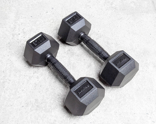 PlayHard Full Rubber Coated Hex Dumbbells (Black Handles) 5 LBS to 100 LBS - PAIR