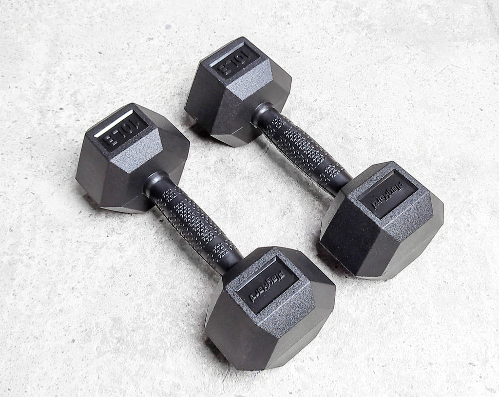 PlayHard Full Rubber Coated Hex Dumbbells (Black Handles) 5 LBS to 100 LBS - PAIR