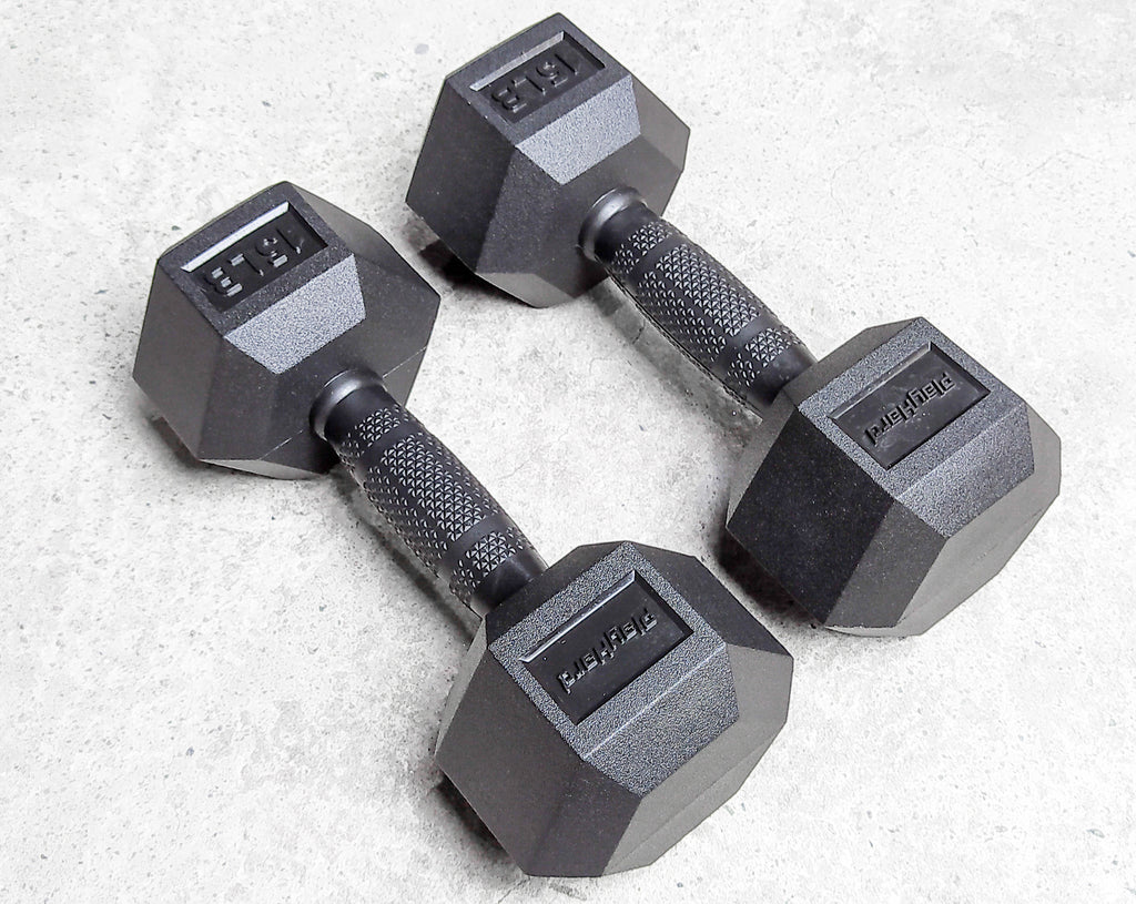 PlayHard Full Rubber Coated Hex Dumbbells (Black Handles) 5 LBS to 100 LBS - PAIR
