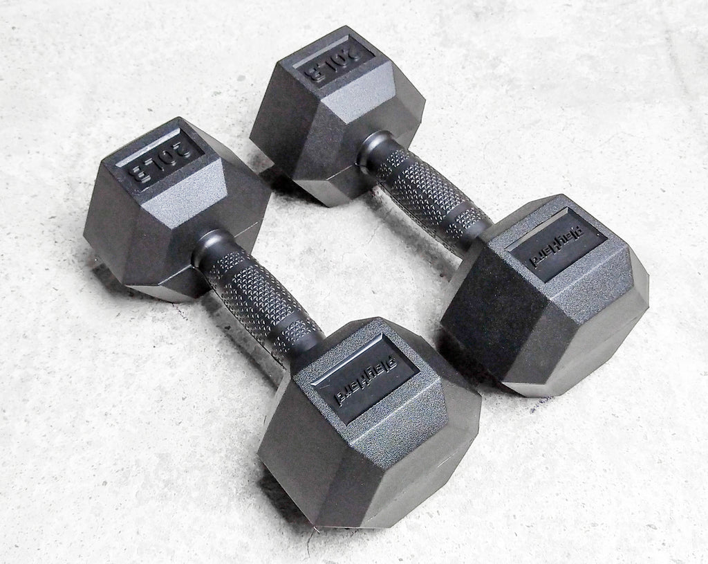 PlayHard Full Rubber Coated Hex Dumbbells (Black Handles) 5 LBS to 100 LBS - PAIR