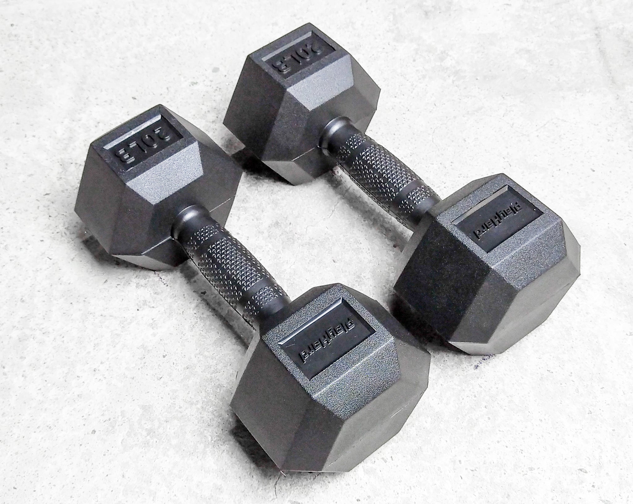 PlayHard Full Rubber Coated Hex Dumbbells (Black Handles) 5 LBS to 100 LBS - PAIR