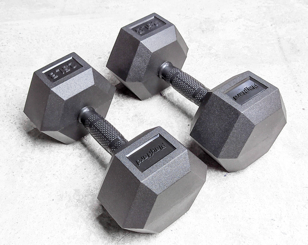 PlayHard Full Rubber Coated Hex Dumbbells (Black Handles) 5 LBS to 100 LBS - PAIR