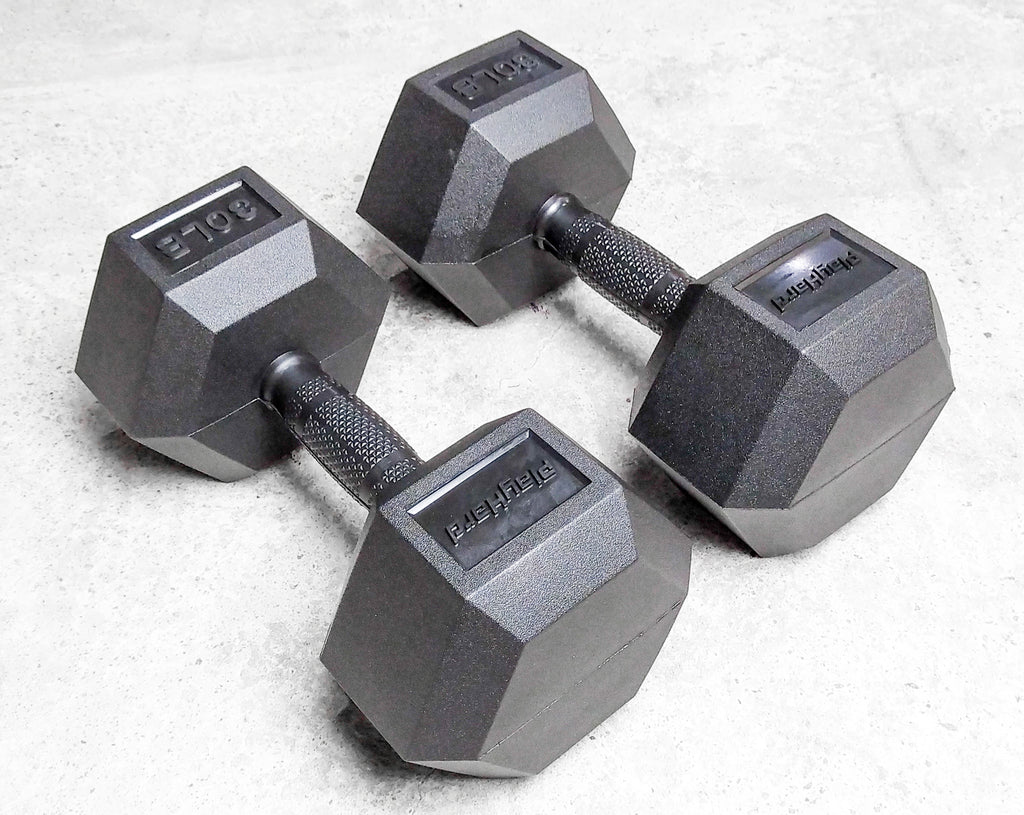 PlayHard Full Rubber Coated Hex Dumbbells (Black Handles) 5 LBS to 100 LBS - PAIR