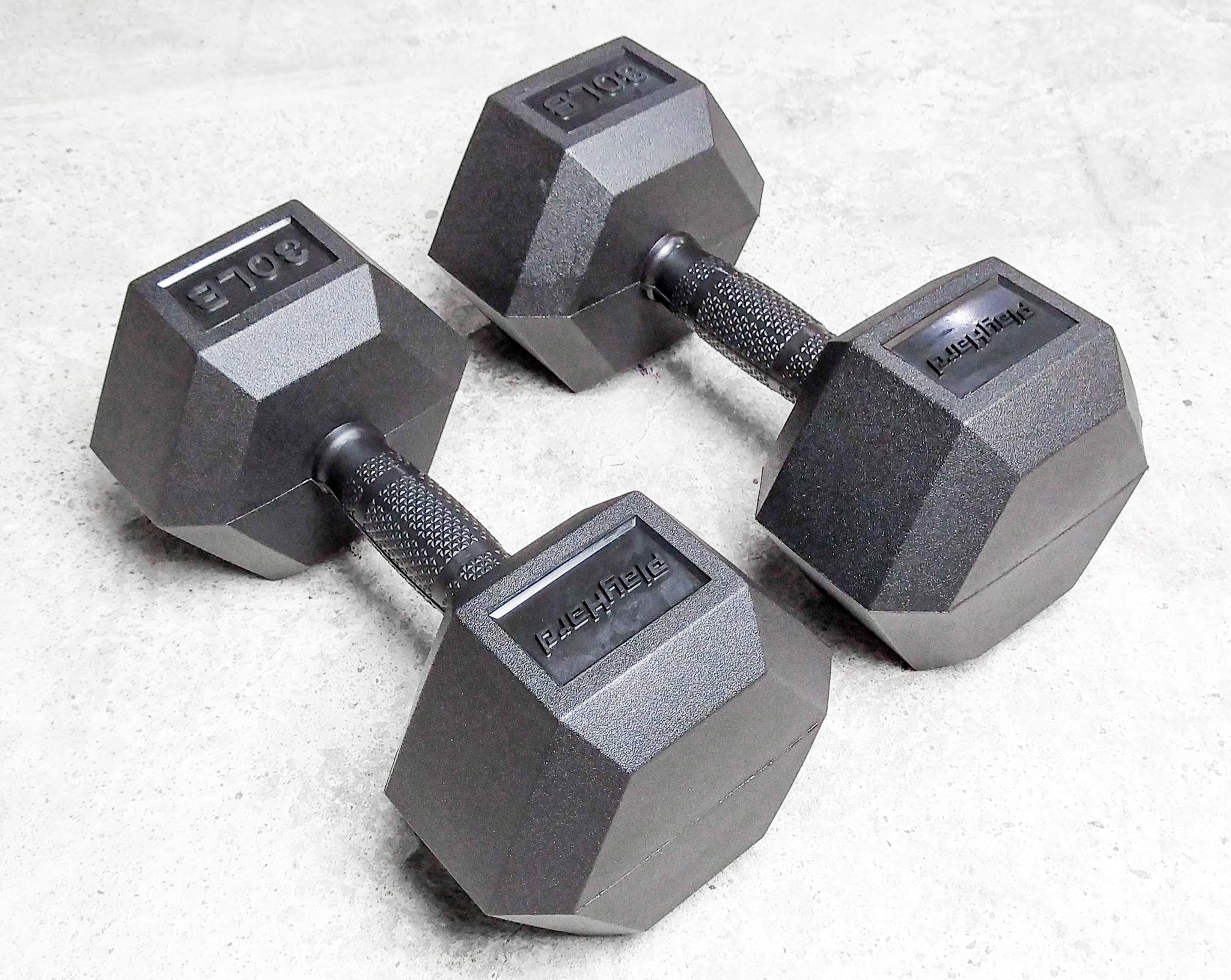PlayHard Full Rubber Coated Hex Dumbbells (Black Handles) 5 LBS to 100 LBS - PAIR