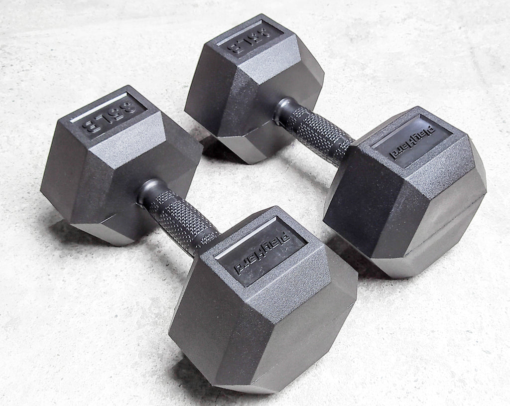 PlayHard Full Rubber Coated Hex Dumbbells (Black Handles) 5 LBS to 100 LBS - PAIR