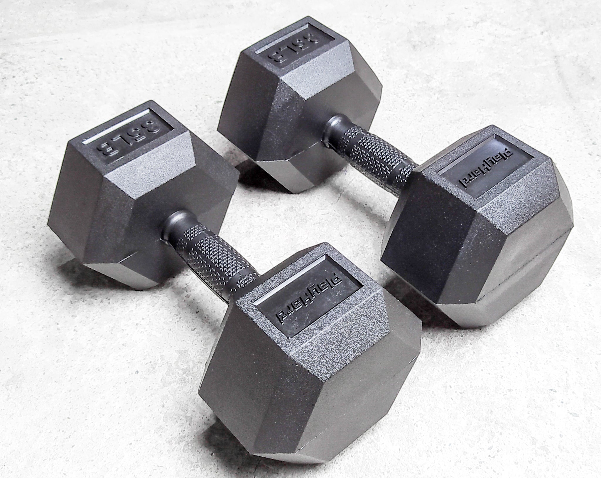 PlayHard Full Rubber Coated Hex Dumbbells (Black Handles) 5 LBS to 100 LBS - PAIR
