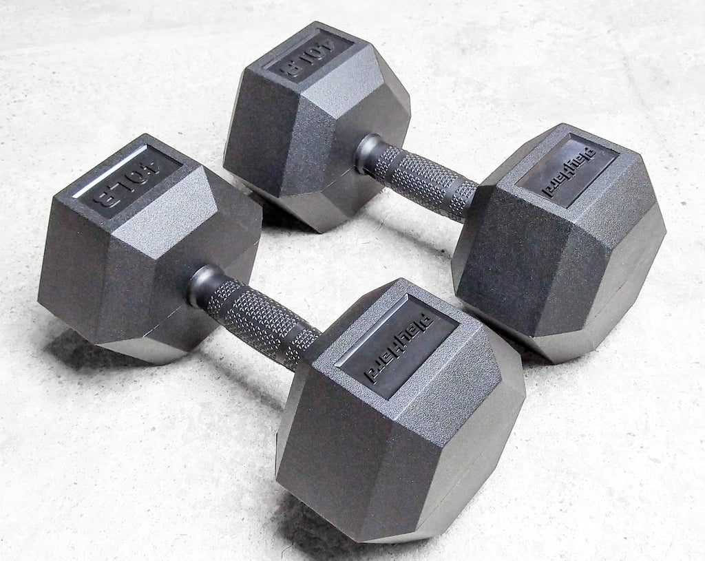 PlayHard Full Rubber Coated Hex Dumbbells (Black Handles) 5 LBS to 100 LBS - PAIR