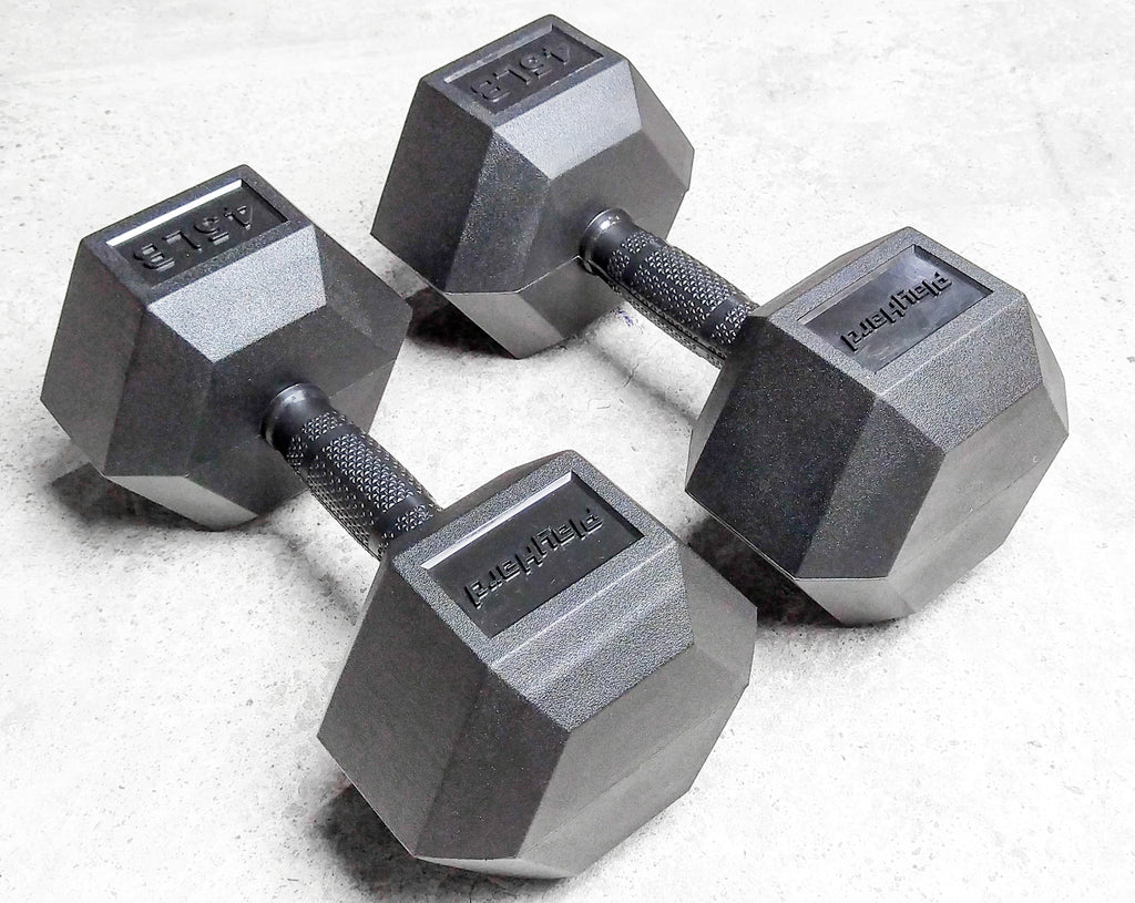 PlayHard Full Rubber Coated Hex Dumbbells (Black Handles) 5 LBS to 100 LBS - PAIR