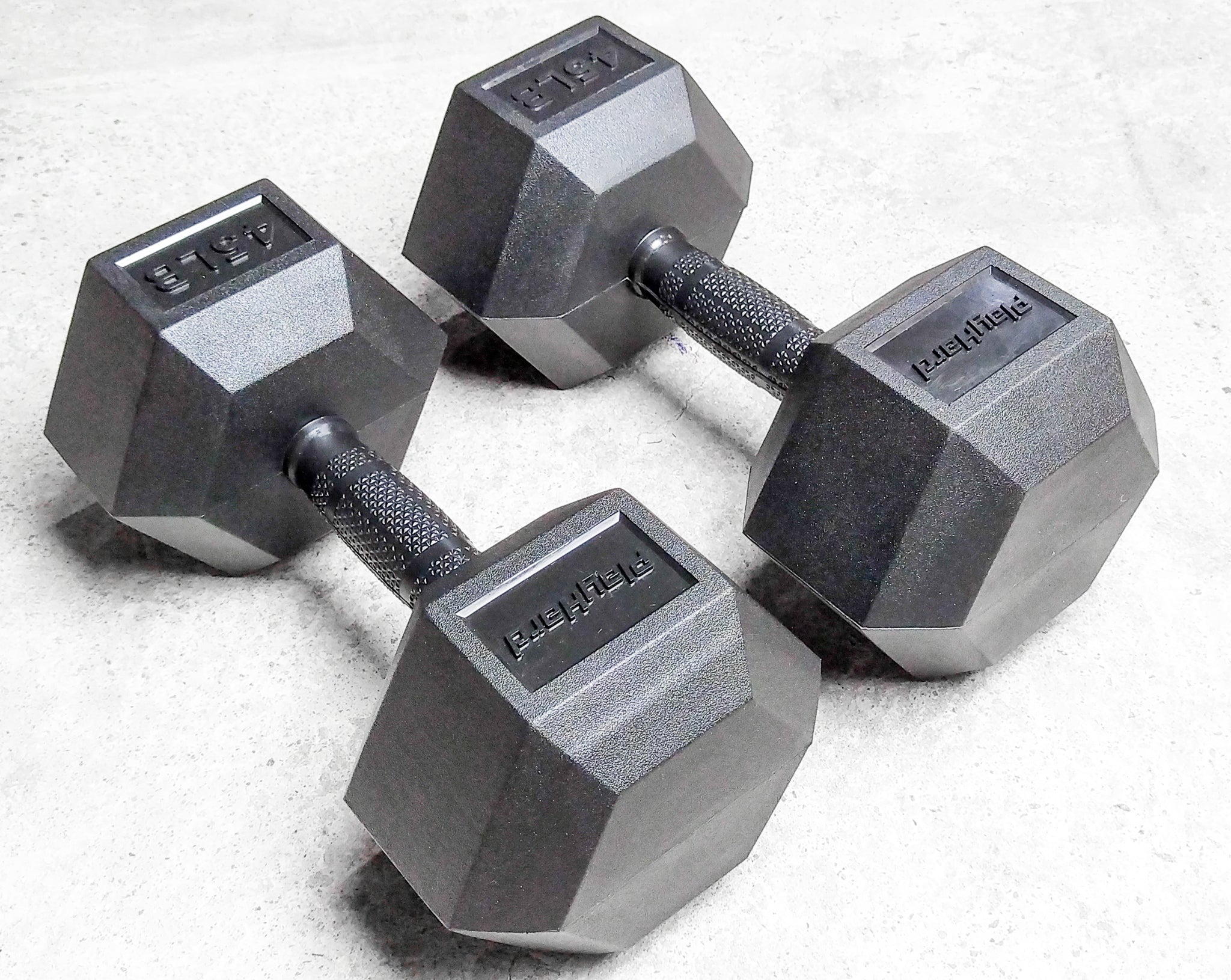 PlayHard Full Rubber Coated Hex Dumbbells (Black Handles) 5 LBS to 100 LBS - PAIR