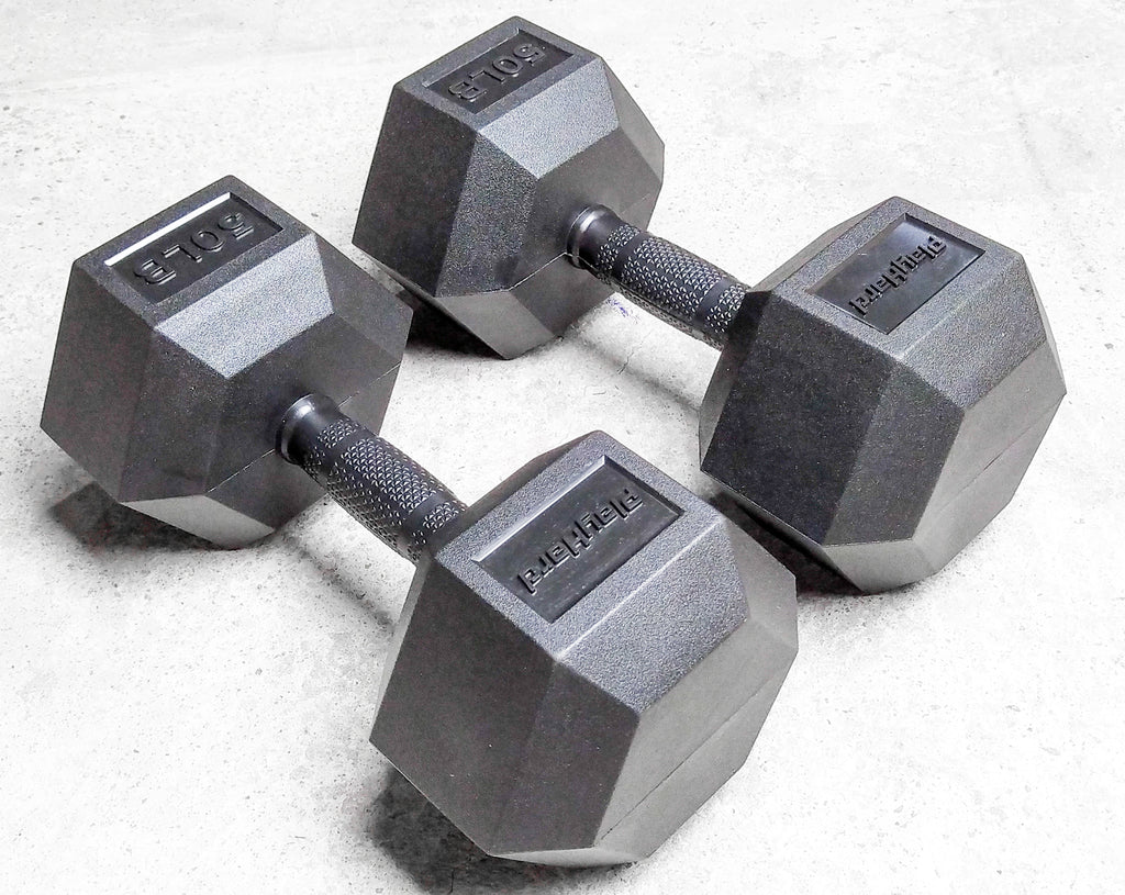PlayHard Full Rubber Coated Hex Dumbbells (Black Handles) 5 LBS to 100 LBS - PAIR