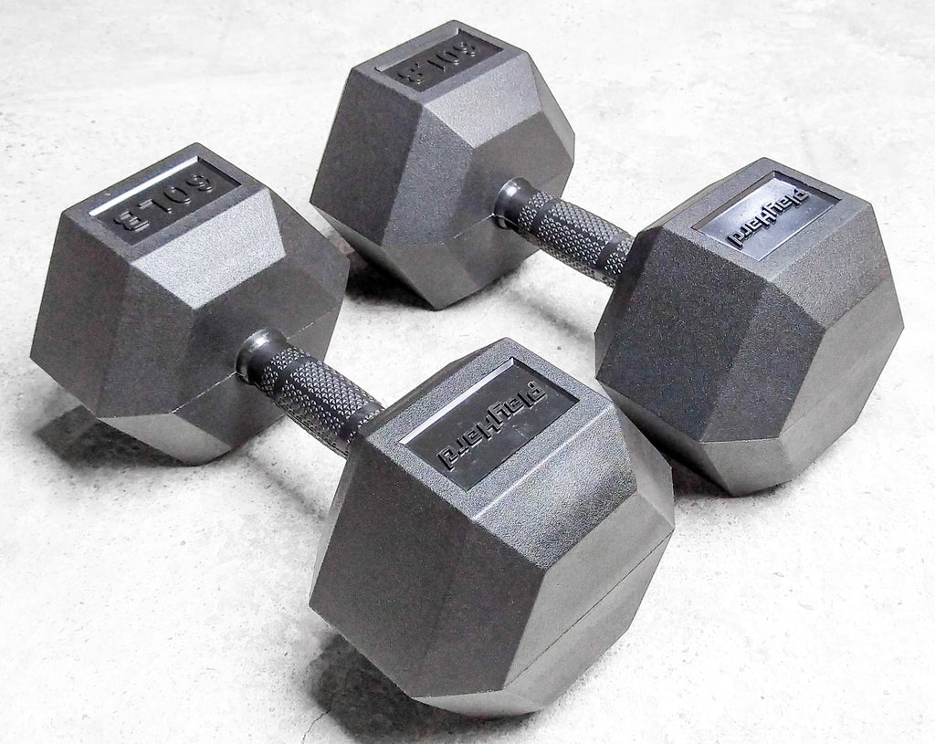PlayHard Full Rubber Coated Hex Dumbbells (Black Handles) 5 LBS to 100 LBS - PAIR