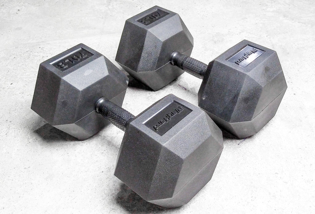 PlayHard Full Rubber Coated Hex Dumbbells (Black Handles) 5 LBS to 100 LBS - PAIR