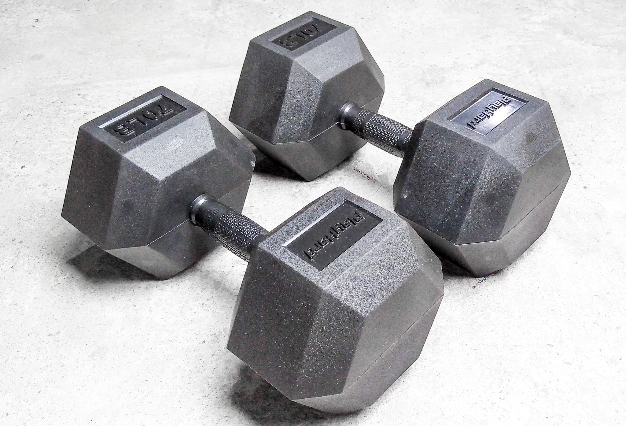 PlayHard Full Rubber Coated Hex Dumbbells (Black Handles) 5 LBS to 100 LBS - PAIR